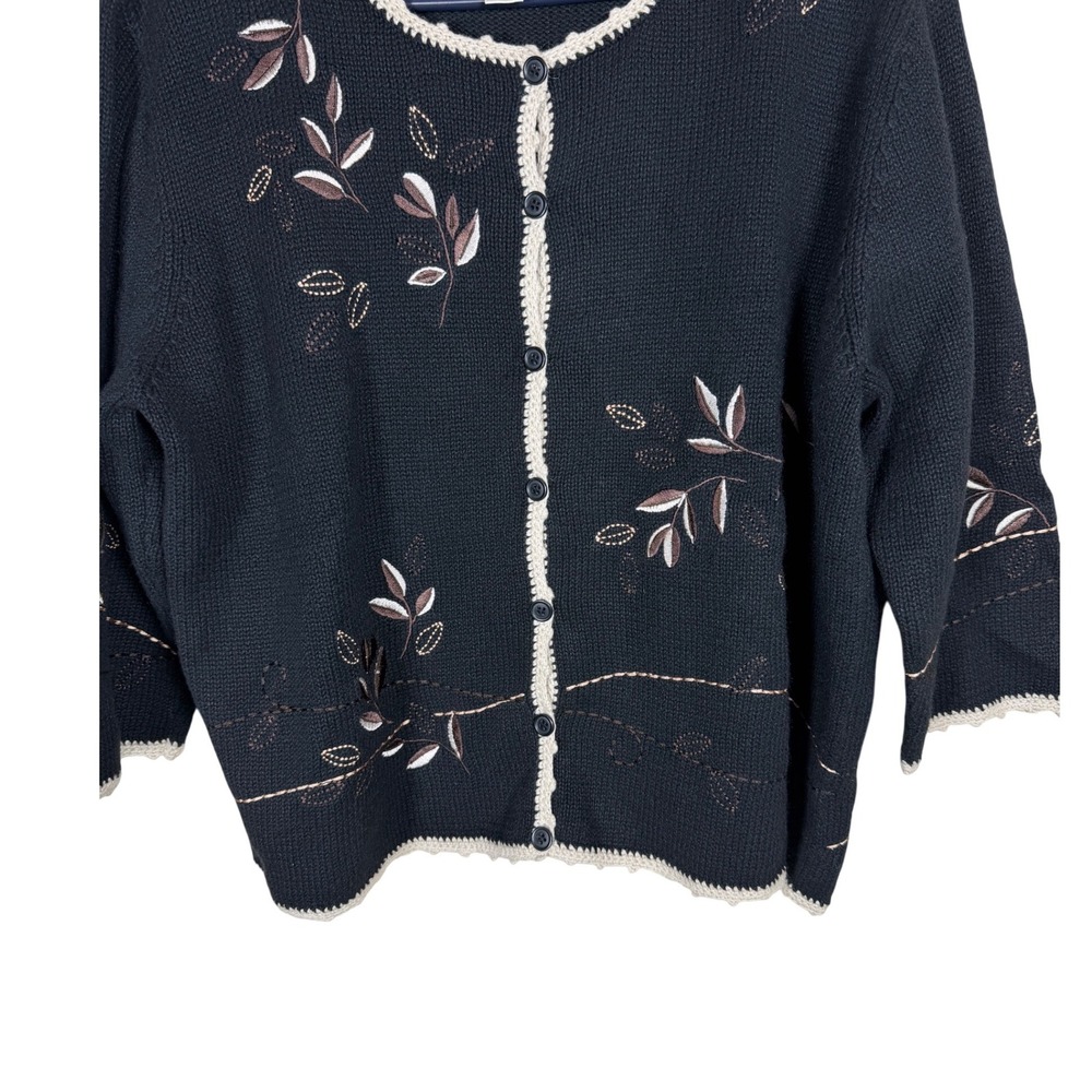Christopher & Banks Black Embroidered Leaf Cardigan Hand Crochet Trim XL - Picture 3 of 7